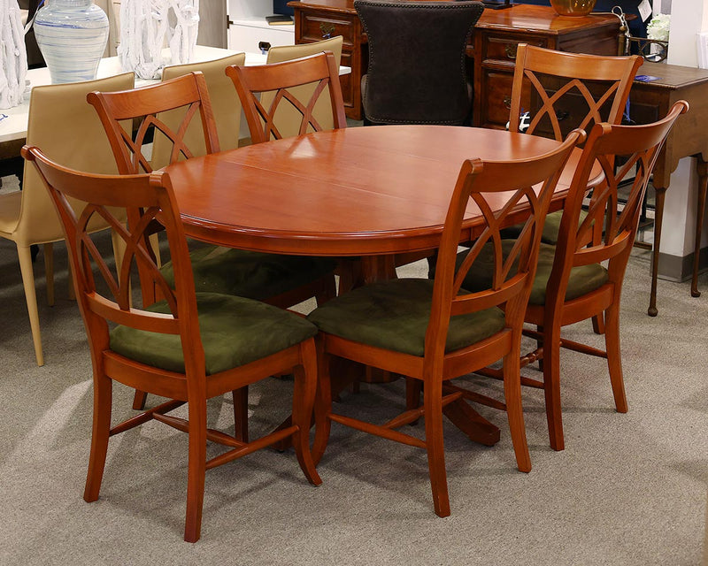 Circle Furniture Maple Round Table w/1 leaf. 6 Chairs w/Moss Green Upholstery