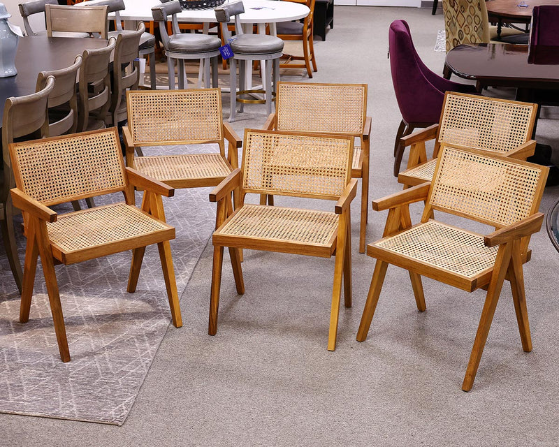 Set of 6 Dining Arm Chairs in Teak with Caned Back and Seat