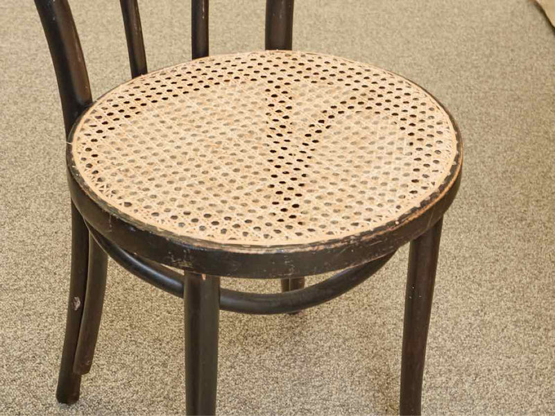 French Black Iron Marble Top Bistro Table With 2 Bentwood Caned Chairs