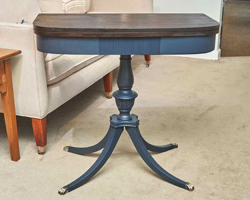 Antique  Mahogany Top Pedestal Legs In' Blueberry Blue' Finish Card Table