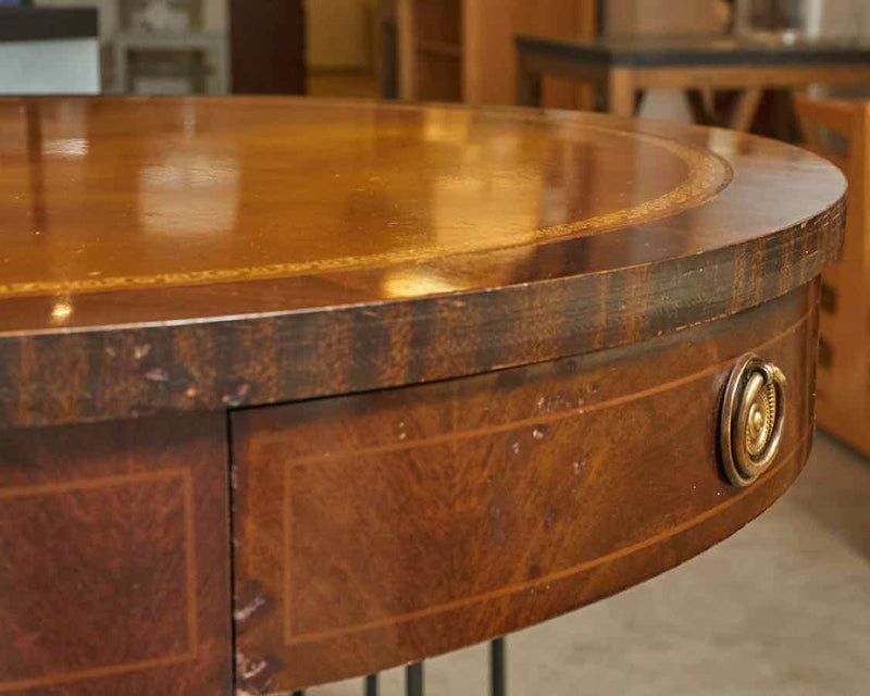 Mahogany Round Pedestal Leather Top 1 Drawer Accent Table