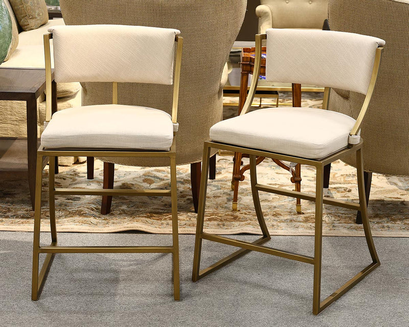 Pair of Gold Finish Counter Stools in Ivory Linen Fabric
