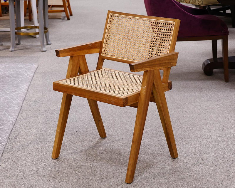 Set of 6 Dining Arm Chairs in Teak with Caned Back and Seat