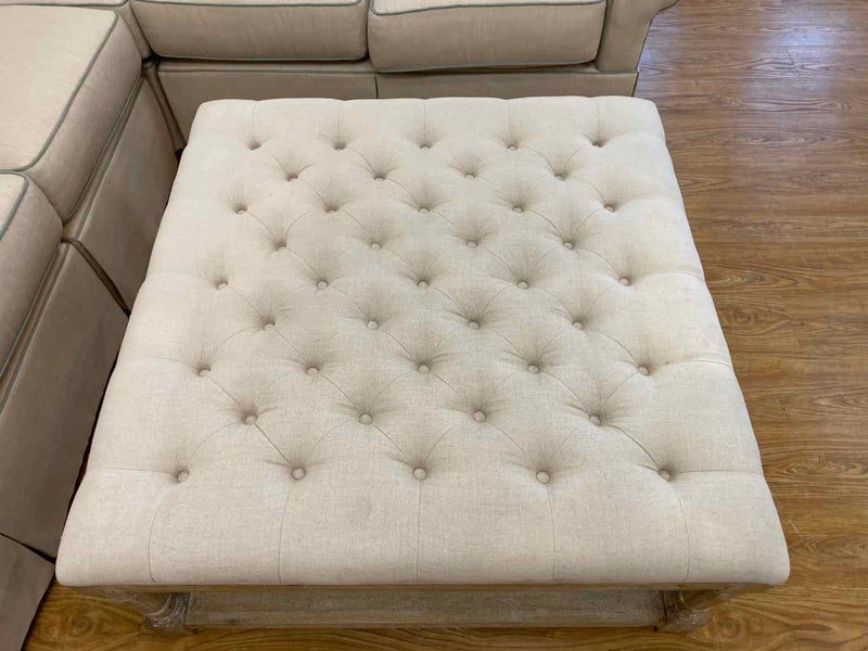 Washed Wood Ottoman with Tufted Upholstered Top