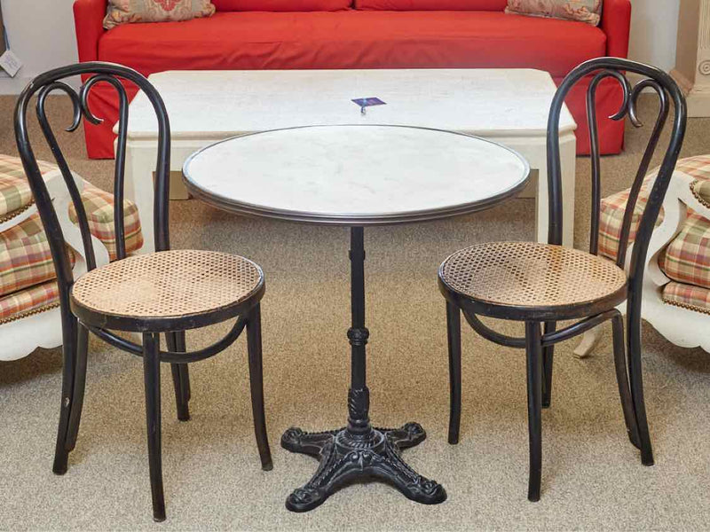 French Black Iron Marble Top Bistro Table With 2 Bentwood Caned Chairs