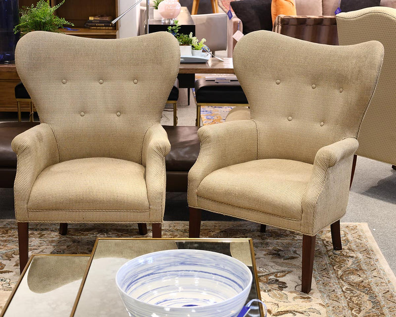 Pair of Circle Furniture Wing Chairs in Tan & Olive