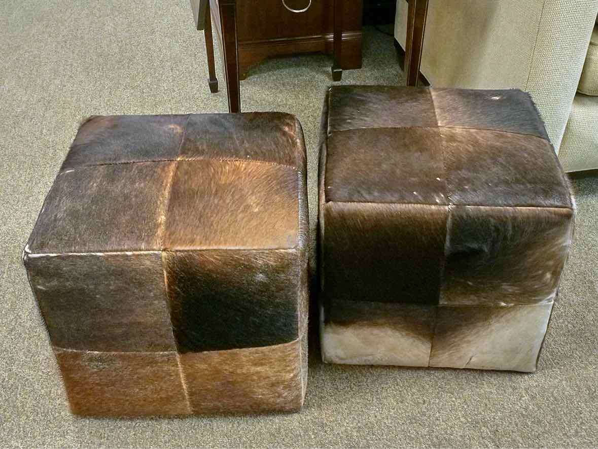 Pair of Hair-on-Hide Patchwork Ottomans in Brown