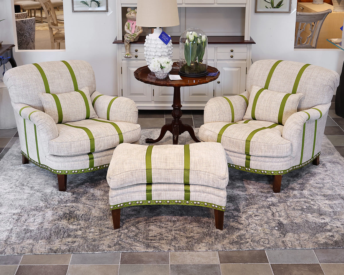 Pair of Custom Chairs and Ottoman