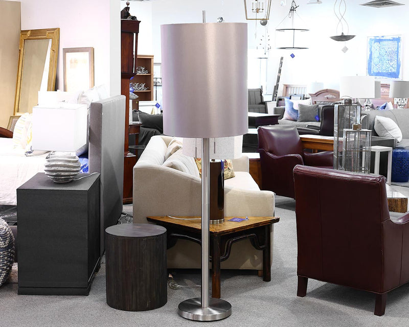 Brushed Stainless Floor Lamp with Silver Grey Drum Shade
