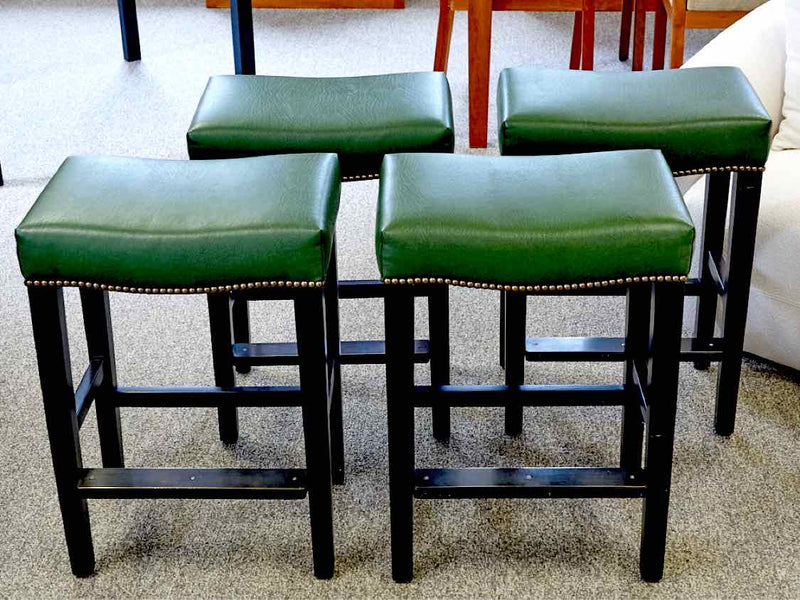 Set of 4 Green Leather Counter Stools