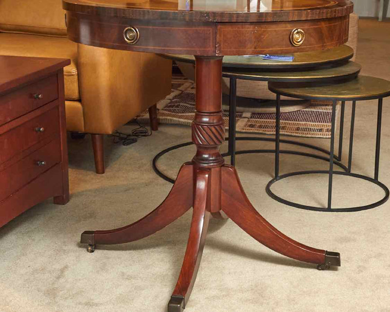 Mahogany Round Pedestal Leather Top 1 Drawer Accent Table