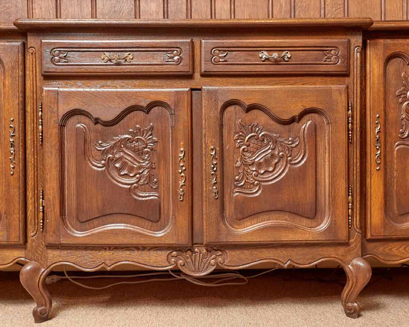 French Walnut Country 2 Drawer 4 Door  Buffet With Step Back  Hutch