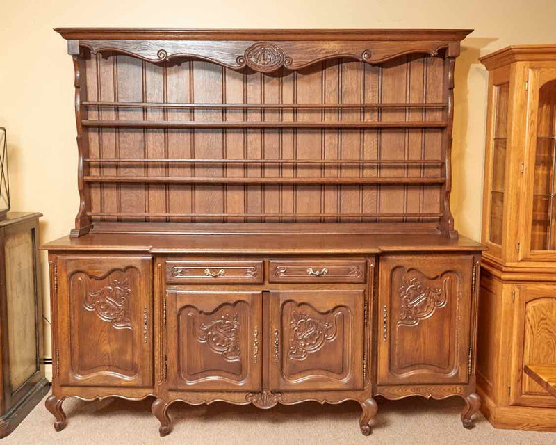 French Walnut Country 2 Drawer 4 Door  Buffet With Step Back  Hutch