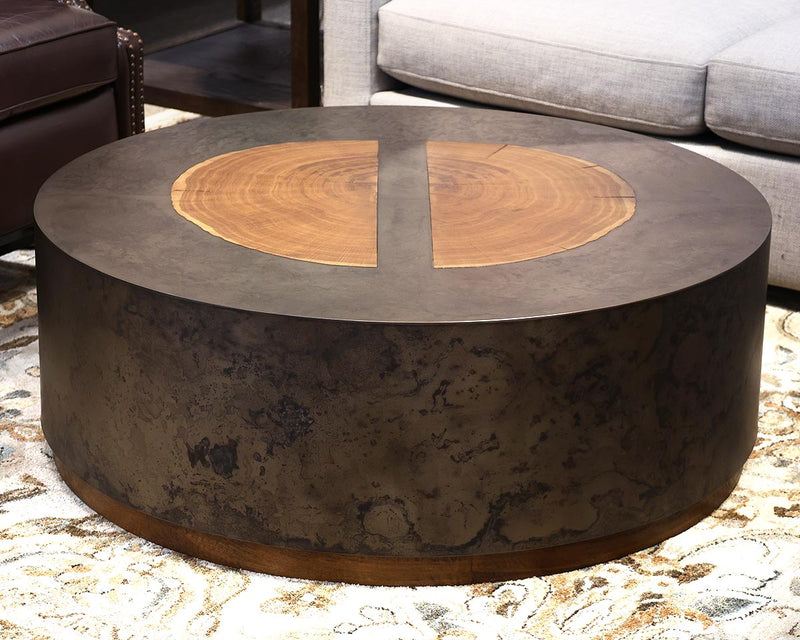 'Acacias'  Metal Round Cocktail Table with Wood Insert