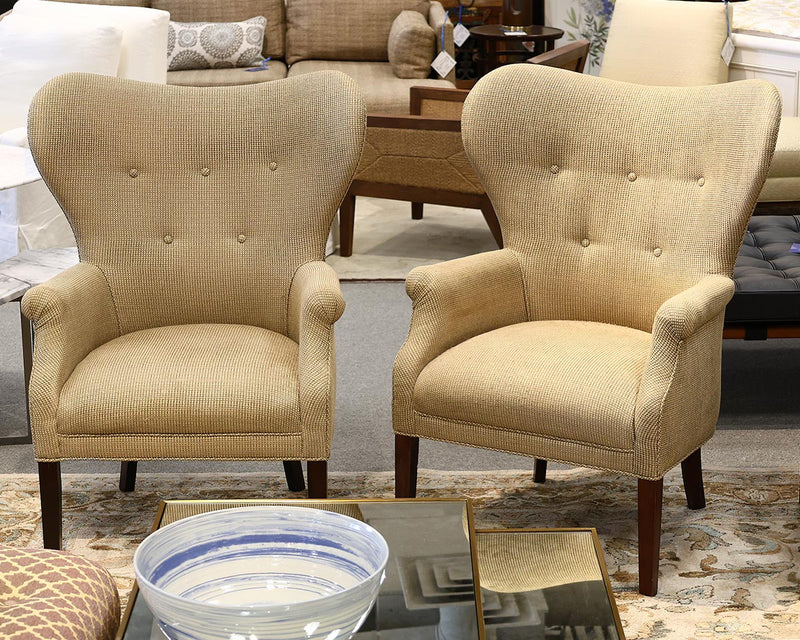 Pair of Circle Furniture Wing Chairs in Tan & Olive