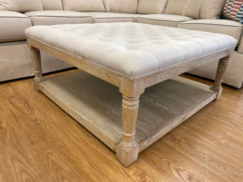Washed Wood Ottoman with Tufted Upholstered Top