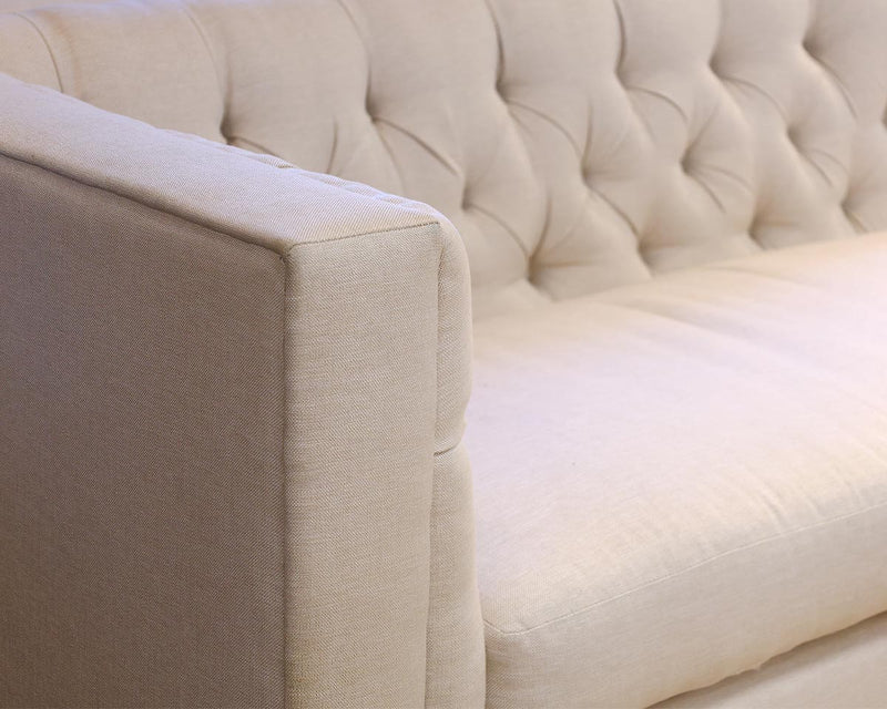 Baker 107" Tufted Shelter-Arm Sofa in White Sand Linen
