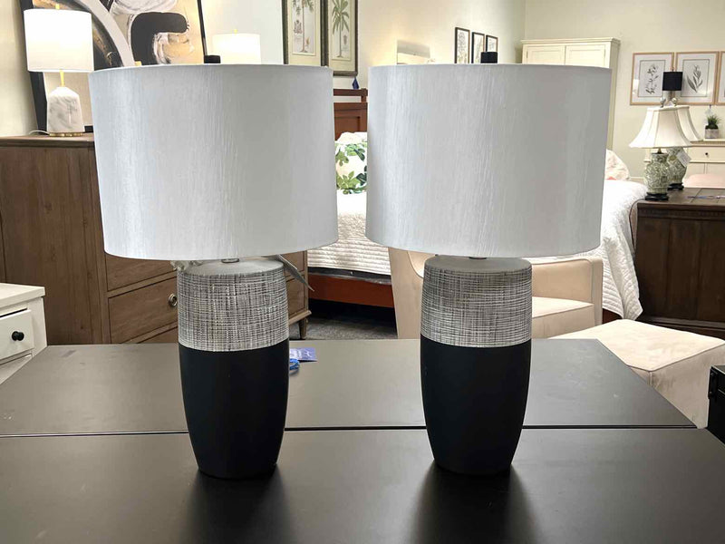 Pair of Suyra Ceramic Black & Plaid Table Lamps with White Shades