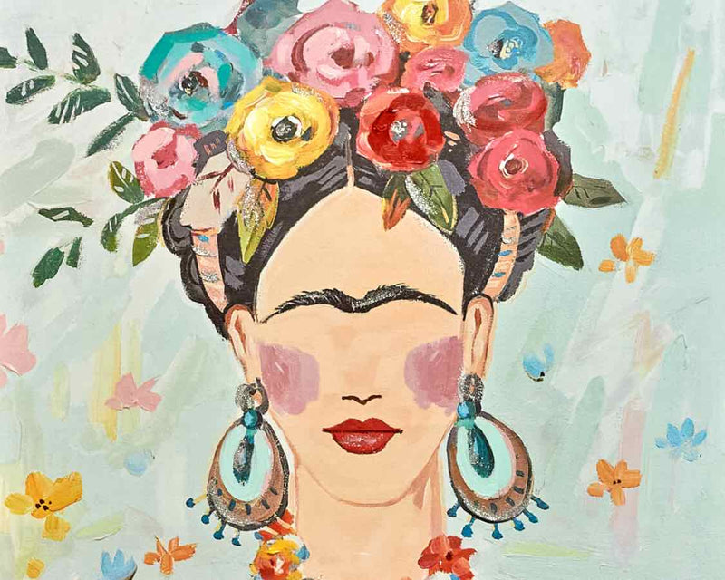 Boho Lady Frida Kahlo  Acrylic Enhanced Art Print Stretched Canvas Ash Frame