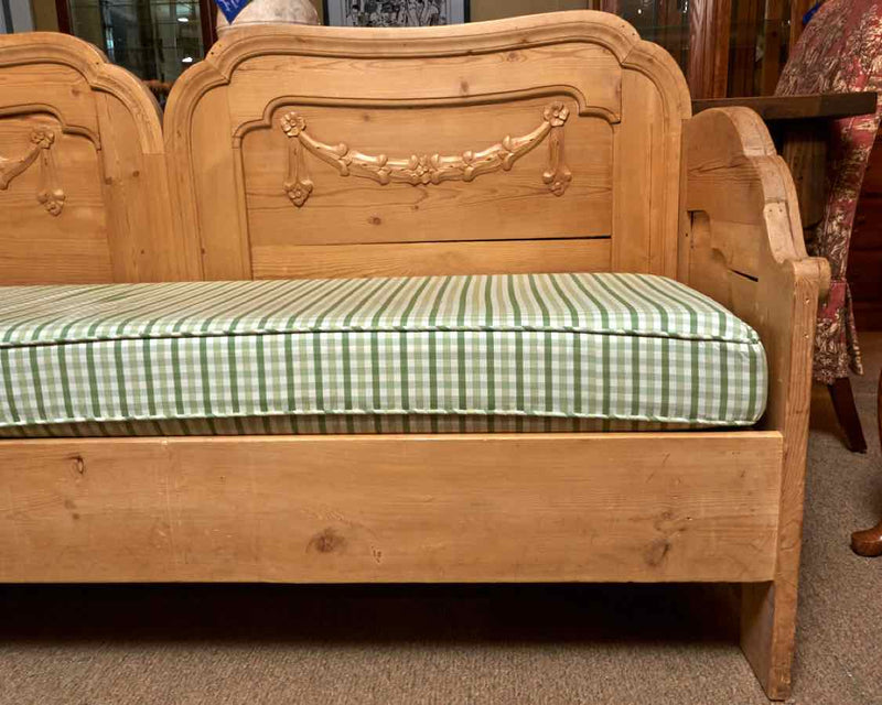 Euopean Pine Sofa Bench with Carved Garland Accents & Green Gingham Cushions
