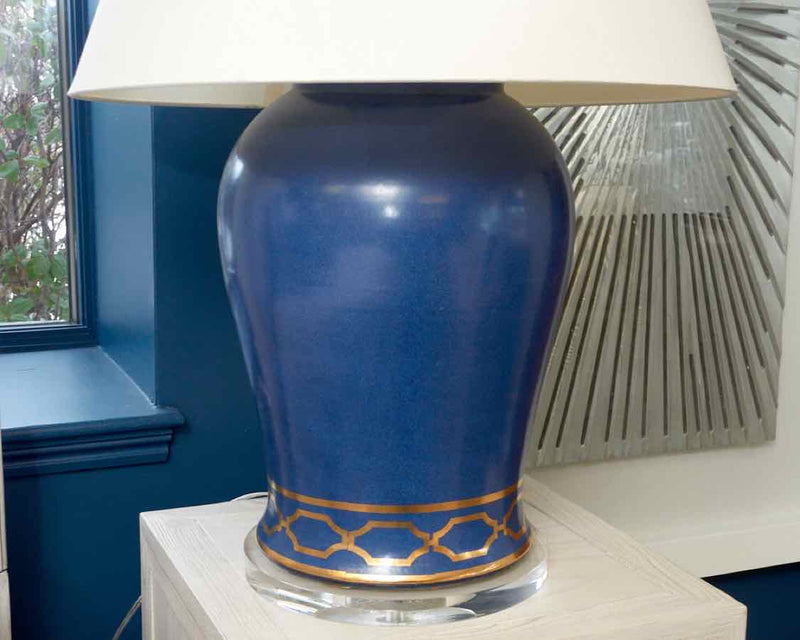 Pair of Large Blue Ceramic Urn Table Lamps with Off White Empire Shade