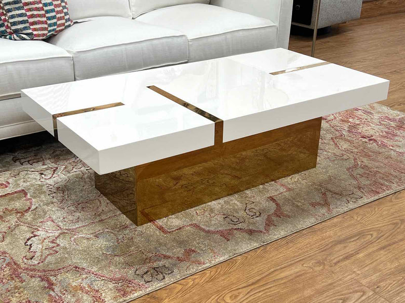 Contemporary White Lacquer Cocktail Table w/ Gold Accents