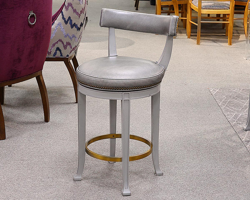 Set of 5 Gray Leather Swivel Counter Stools with Antique Brass Nailhead Trim