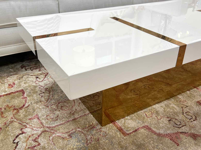 Contemporary White Lacquer Cocktail Table w/ Gold Accents