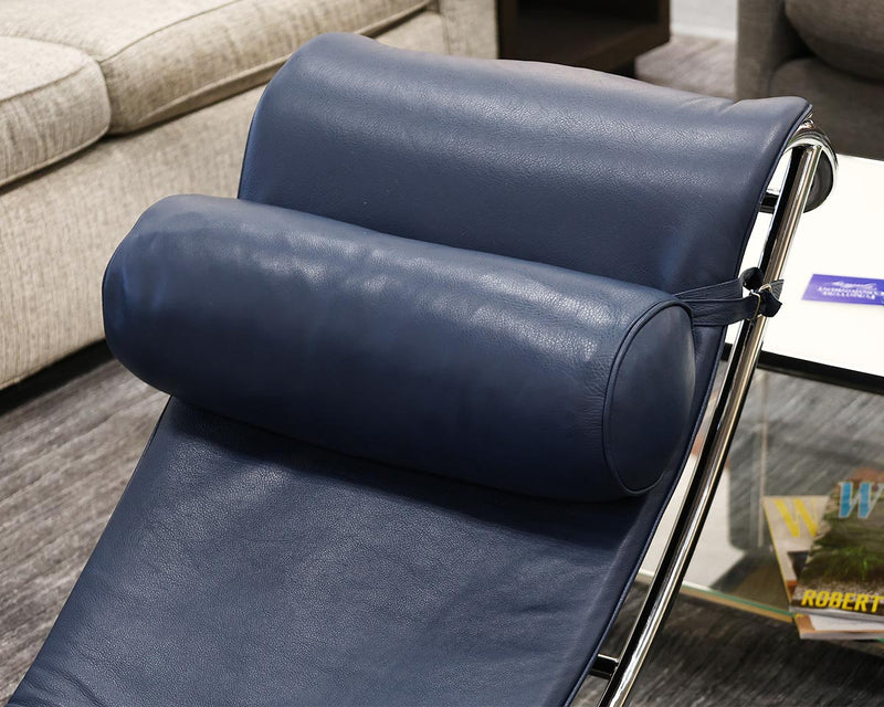 Retro Design Reclining Chaise Lounge in Navy Leather on Polished Nickel Frame