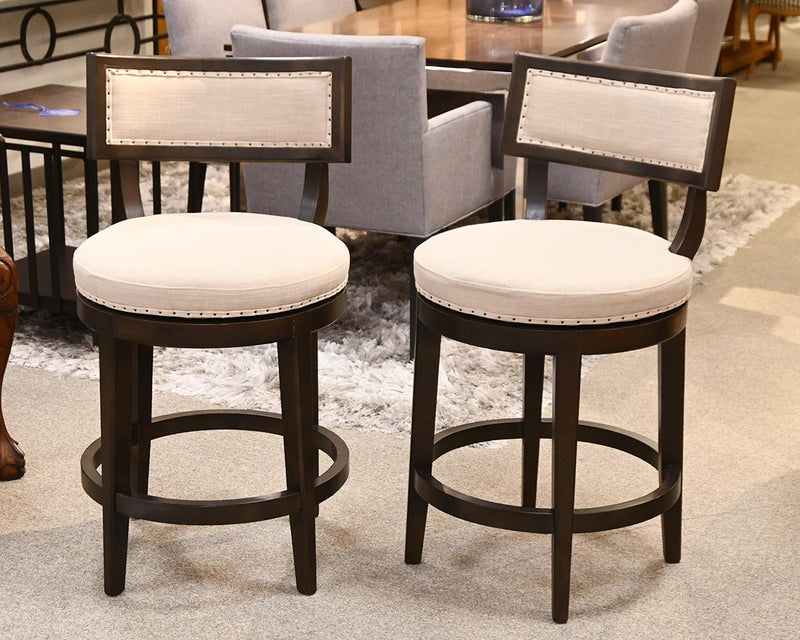 Pair of Swivel Counter Stools in Linen Upholstery