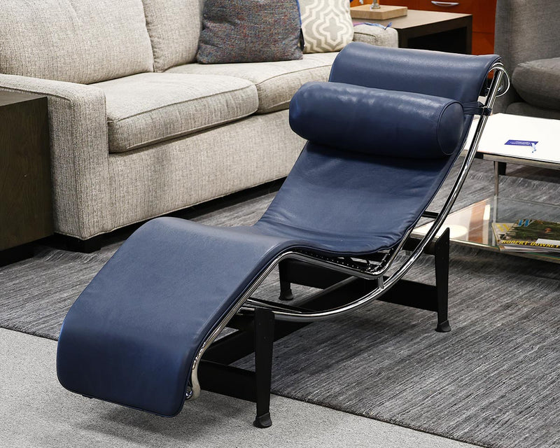 Retro Design Reclining Chaise Lounge in Navy Leather on Polished Nickel Frame