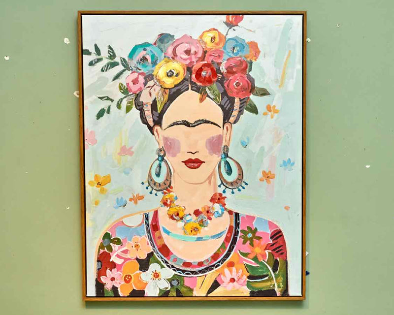 Boho Lady Frida Kahlo  Acrylic Enhanced Art Print Stretched Canvas Ash Frame
