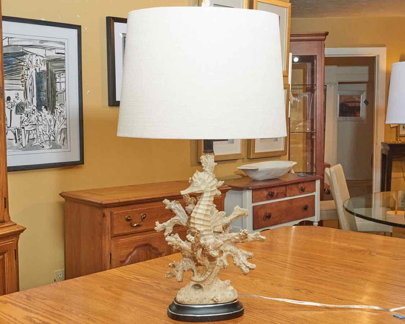 Distressed Tan Coral & Seahorse Natural Linen Drum Shade Table Lamp