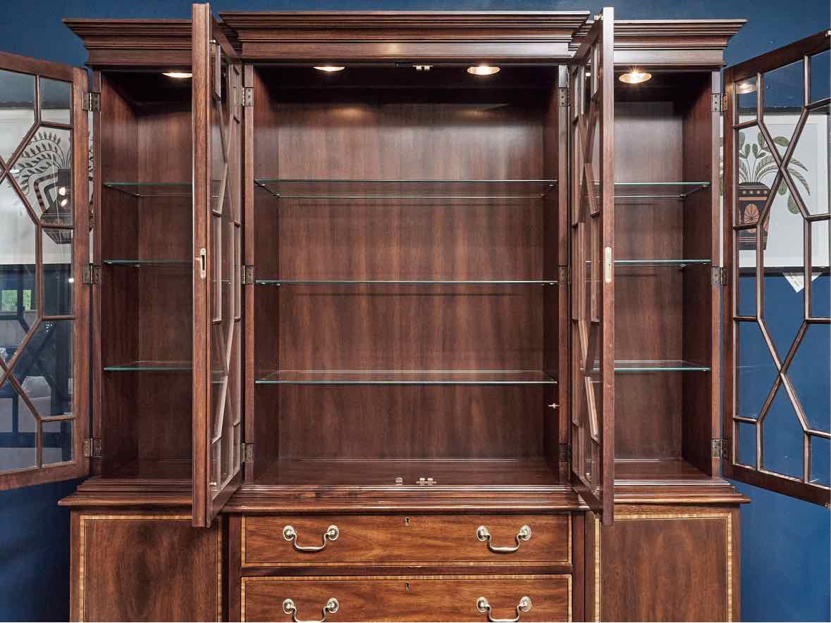 Henkel Harris Mahogany  Banded Inlay 4 Glass Door Breakfront Cabinet