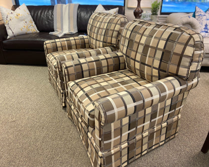 Pair of Kravet Brown, Beige & Black Plaid Skirted Club Chairs