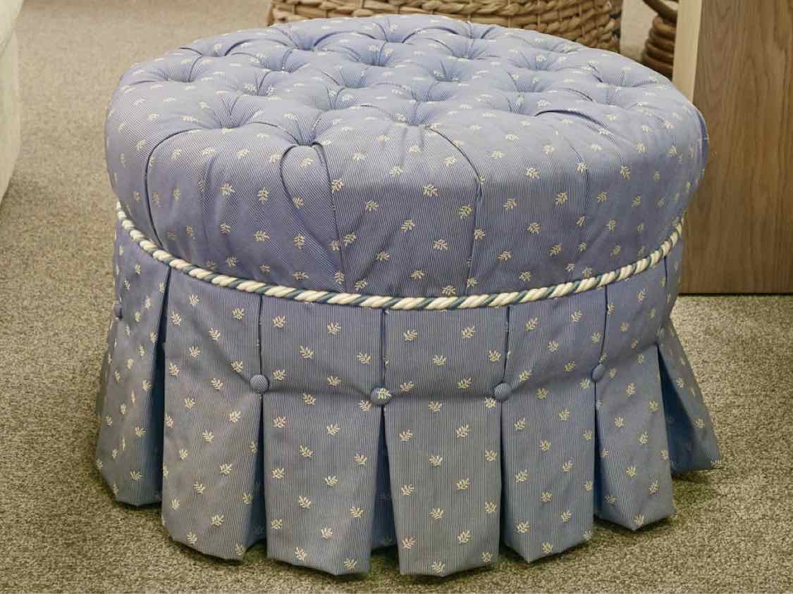 Ethan Allen Round Tufted Light Blue Ottoman with Skirt