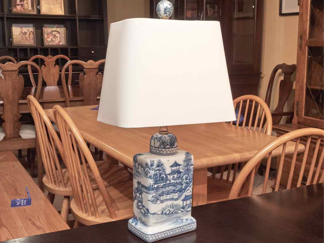 Blue & White Chinoiserie PorcelainTable Lamp & Cream  Silk  Shade