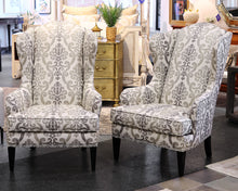 Pair of Ethan Allen Selby Wing Chairs in Natural, Grey & Taupe Damask