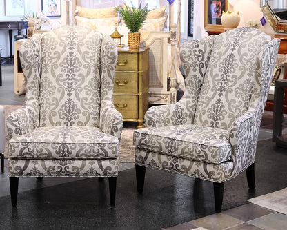 Pair of Ethan Allen Selby Wing Chairs in Natural, Grey & Taupe Damask