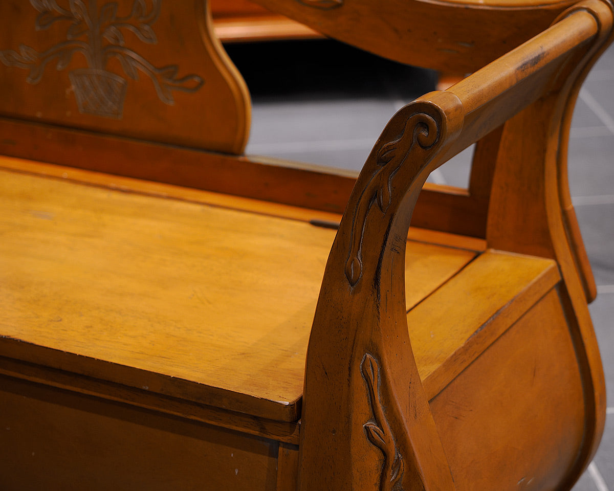 Light Oak Storage Bench With Floral Detail