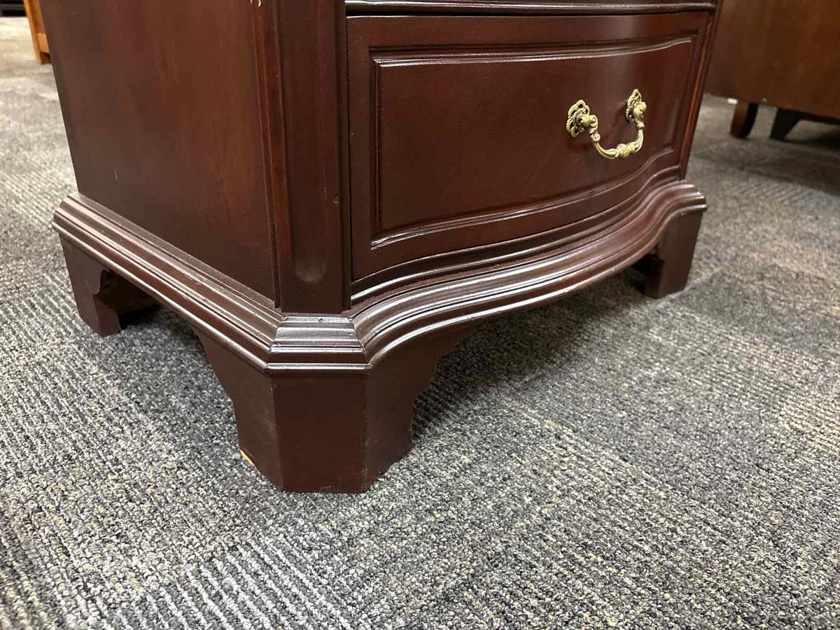 Pair of Mahogany Serpentine 3 Drawer Nightstands with Ornate Handles