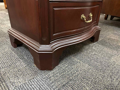 Pair of Mahogany Serpentine 3 Drawer Nightstands with Ornate Handles