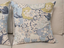 Pair Of Laura Citrus & Blue Floral Linen Cotton Down filled Accent Pillows