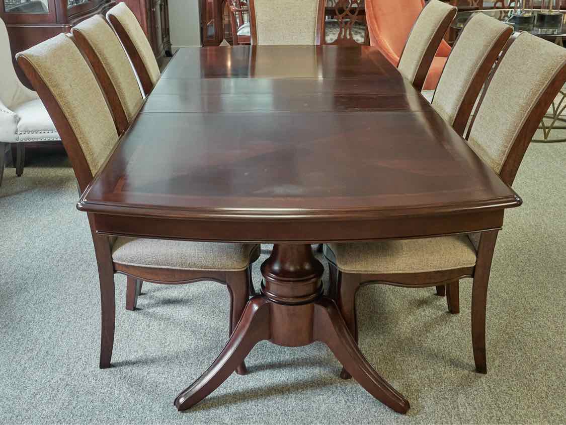 Dining Table in Inlaid Cherry Stain & Set of Eight Dining Chairs
