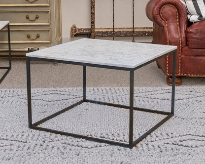 Pair of 'Delaney' White Marble Side Tables with Metal Frame Base