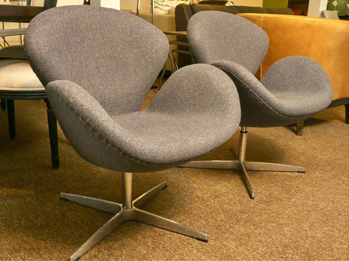 Pair of Grey Felt  Upholstered Swivel  Chairs with Steel Base