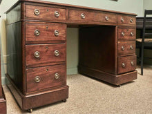 Antique Cherry Leather Top 9 Drawer Desk On Casters