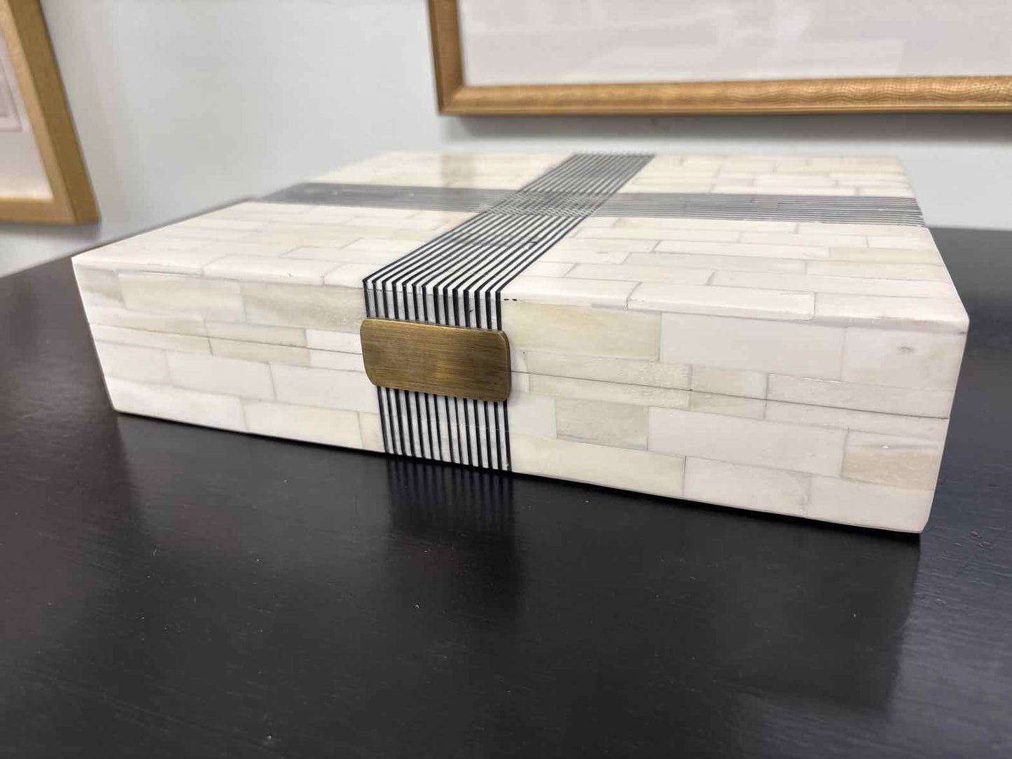 Medium Decorative Box with Bone & Black Cross Hatching