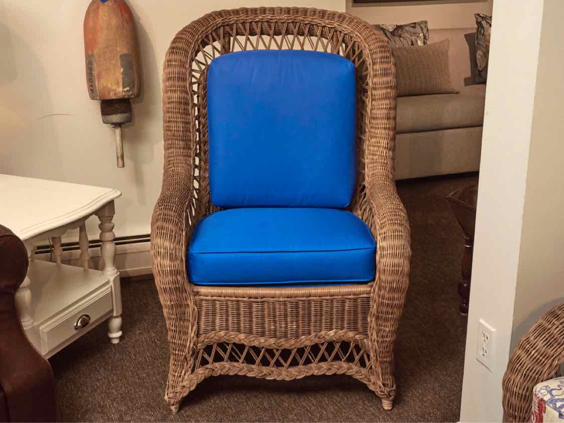 Natural High Back Wicker Chair Custom Upholstered Cushion Includes Ottoman