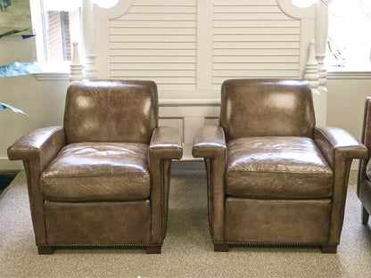 Pair of RH 'Ambrose' Leather Chairs with Brushed Brass Nailhead